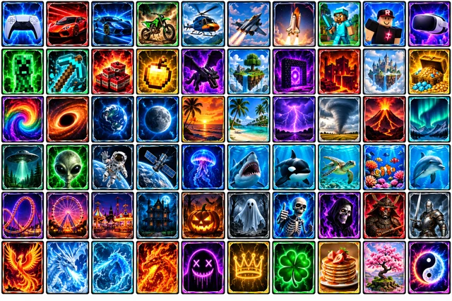 An adventure card grid with vehicles, creatures, and bright fantasy landscapes