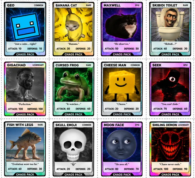 The Chaos Pack card art sheet with named meme characters and printed values