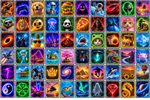 A grid of glowing galaxy scenes, dragons, animals, and symbols