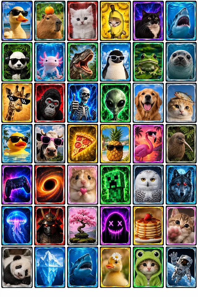 A tall sheet of meme creatures, including cats, a panda, and an axolotl