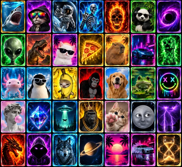 A sheet of neon cards with cats, an astronaut, an alien, and other meme artwork