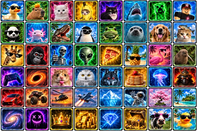 A wide collage of neon creatures, cities, and glowing symbols
