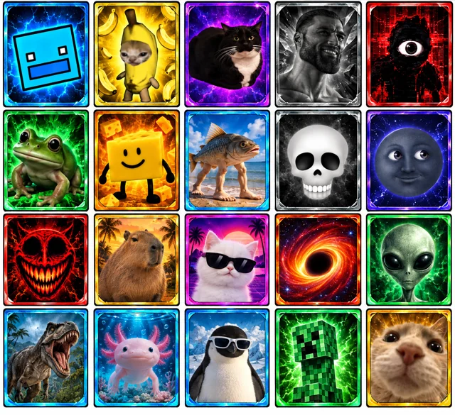 A vivid grid of meme creatures, a frog, Banana Cat, and cosmic artwork